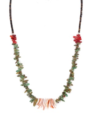 Certified Authentic Navajo .925 Sterling Silver Natural Turquoise, Spiny Oyster and Coral Native American Necklace 25341-1