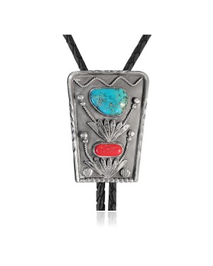 Handmade Certified Authentic Navajo .925 Sterling Silver Native American Natural Turquoise Coral Bolo Tie 34171