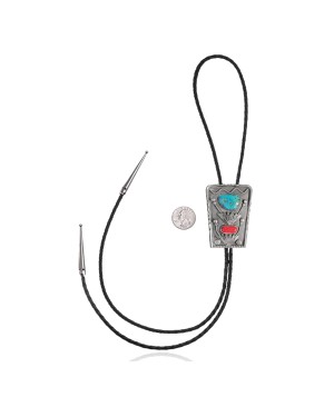 Handmade Certified Authentic Navajo .925 Sterling Silver Native American Natural Turquoise Coral Bolo Tie 34171