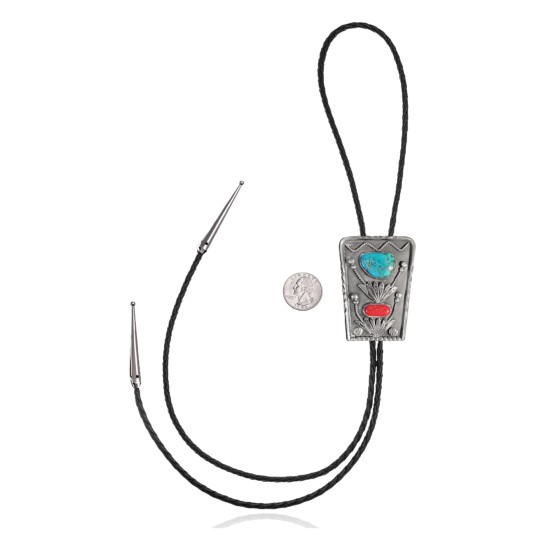 Handmade Certified Authentic Navajo .925 Sterling Silver Native American Natural Turquoise Coral Bolo Tie 34171