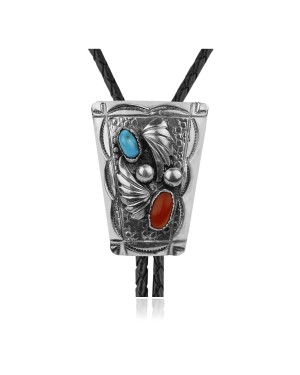 Feather .925 Sterling Silver Certified Authentic Handmade Navajo Native American Natural Turquoise Coral Bolo Tie 34175