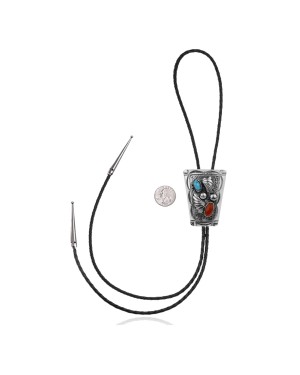 Feather .925 Sterling Silver Certified Authentic Handmade Navajo Native American Natural Turquoise Coral Bolo Tie 34175