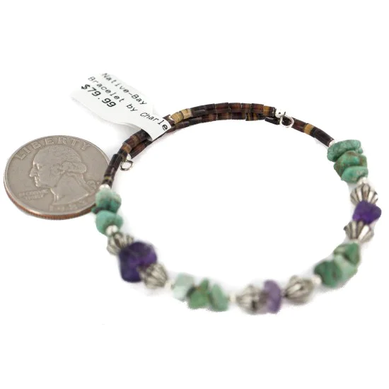 Navajo Natural Turquoise Amethyst Heishi Native American Adjustable Wrap Bracelet 13172-13 Navajo Natural Turquoise Amethyst Heishi Native American Adjustable Wrap Bracelet 13172-13