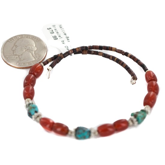 Navajo Certified Authentic Natural Turquoise Carnelian Heishi Native American Adjustable Wrap Bracelet 13172-11