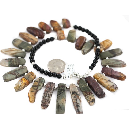 Certified Authentic Nickel Navajo Natural Black Onyx Jasper Native American Necklace 18264-4
