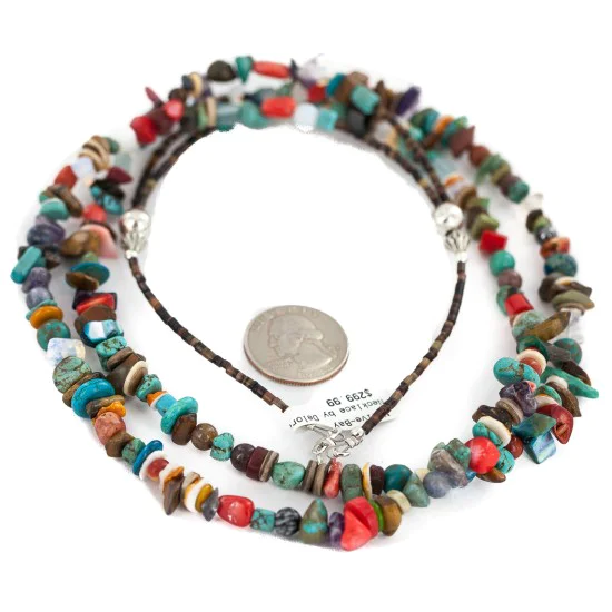 2 Strand .925 Sterling Silver Navajo Natural Multicolor Stones Native American Necklace 750216 2 Strand .925 Sterling Silver Navajo Natural Multicolor Stones Native American Necklace 750216