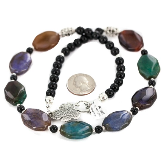 Certified Authentic Nickel Navajo Natural Black Onyx Agate Native American Necklace 18265-6