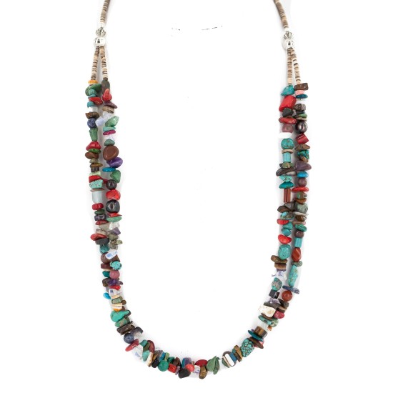 2 Strand .925 Sterling Silver Certified Authentic Navajo Natural Multicolor Stones Native American Necklace 750217