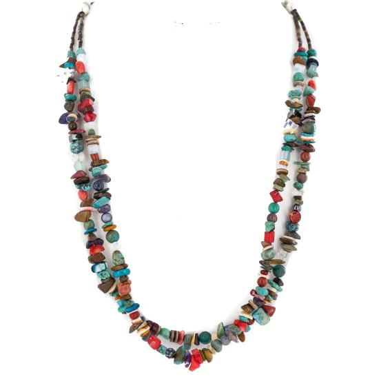2 Strand .925 Sterling Silver Navajo Natural Multicolor Stones Native American Necklace 750216 2 Strand .925 Sterling Silver Navajo Natural Multicolor Stones Native American Necklace 750216