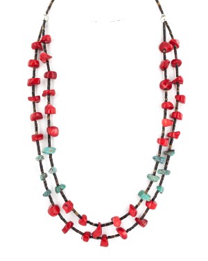 2 Strand Certified Authentic Navajo .925 Sterling Silver Natural Turquoise Coral Heishi Native American Necklace 750221