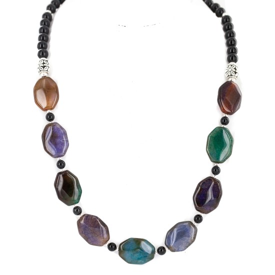 Certified Authentic Nickel Navajo Natural Black Onyx Agate Native American Necklace 18265-6