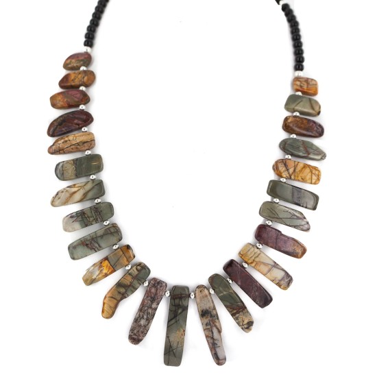 Certified Authentic Nickel Navajo Natural Black Onyx Jasper Native American Necklace 18264-4