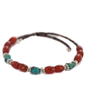 Navajo Certified Authentic Natural Turquoise Carnelian Heishi Native American Adjustable Wrap Bracelet 13172-11