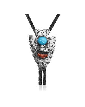 Handmade Certified Authentic Navajo .925 Sterling Silver Native American Natural Turquoise Coral Bolo Tie 34177