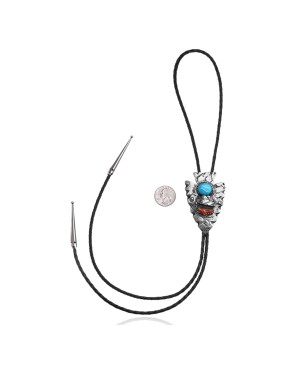 Handmade Certified Authentic Navajo .925 Sterling Silver Native American Natural Turquoise Coral Bolo Tie 34177
