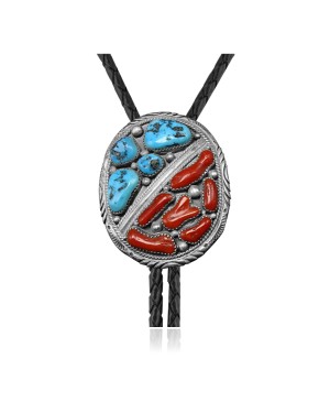 Handmade Certified Authentic Navajo .925 Sterling Silver Native American Natural Turquoise Coral Bolo Tie 34178