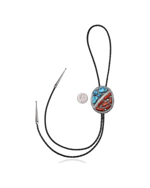 Handmade Certified Authentic Navajo .925 Sterling Silver Native American Natural Turquoise Coral Bolo Tie 34178