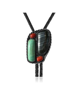 Handmade Certified Authentic Navajo .925 Sterling Silver Native American Natural Turquoise Coral Bolo Tie 34179