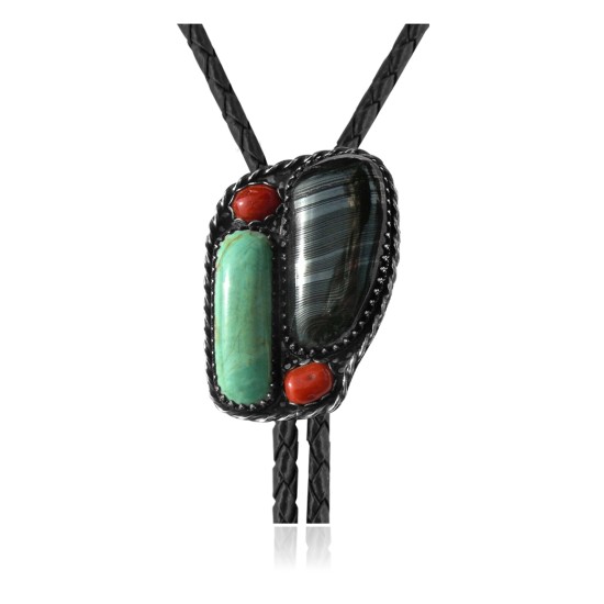 Handmade Certified Authentic Navajo .925 Sterling Silver Native American Natural Turquoise Coral Bolo Tie 34179