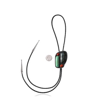 Handmade Certified Authentic Navajo .925 Sterling Silver Native American Natural Turquoise Coral Bolo Tie 34179