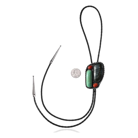 Handmade Certified Authentic Navajo .925 Sterling Silver Native American Natural Turquoise Coral Bolo Tie 34179