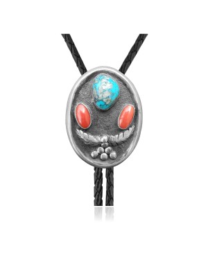 Feather .925 Sterling Silver Certified Authentic Handmade Navajo Native American Natural Turquoise Coral Bolo Tie 34181