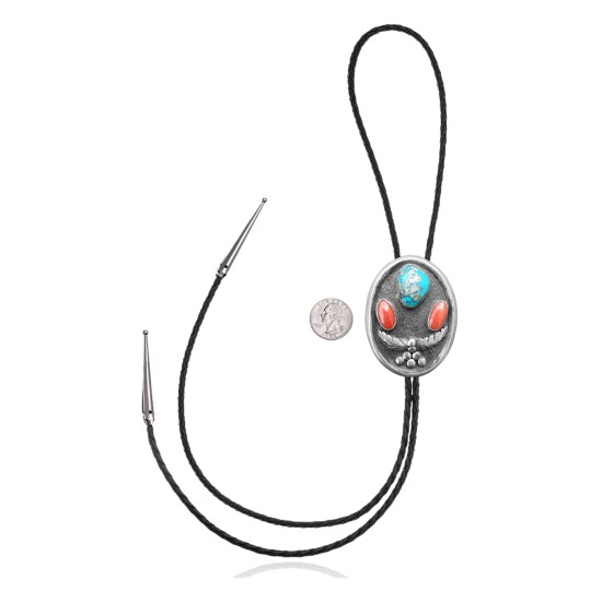Feather .925 Sterling Silver Certified Authentic Handmade Navajo Native American Natural Turquoise Coral Bolo Tie 34181