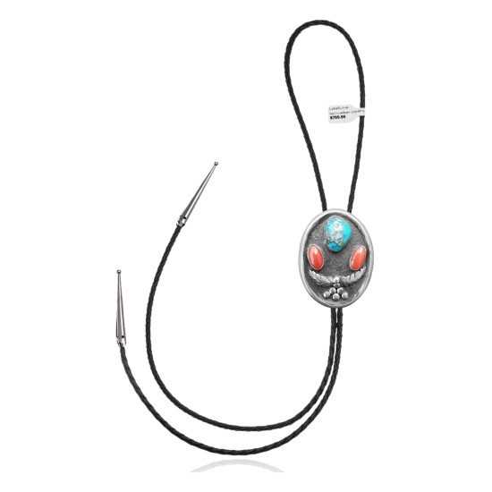 Feather .925 Sterling Silver Certified Authentic Handmade Navajo Native American Natural Turquoise Coral Bolo Tie 34181