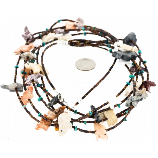 Carved Fetish $500 Large Certified Authentic 5 Strand Navajo .925 Sterling Silver Natural Turquoise Multicolor Stones Native American Necklace 15992-6