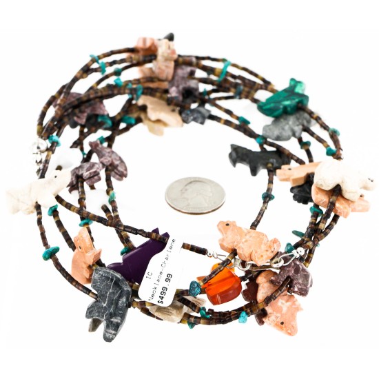 Carved Fetish $500 Large Certified Authentic 5 Strand Navajo .925 Sterling Silver Natural Turquoise Multicolor Stones Native American Necklace 15992-7