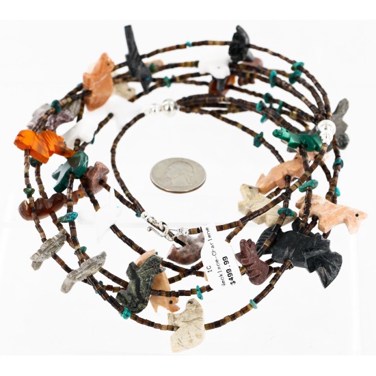 Carved Fetish $500 Large Certified Authentic 5 Strand Navajo .925 Sterling Silver Turquoise Multicolor Stones	 Native American Necklace 15992-3