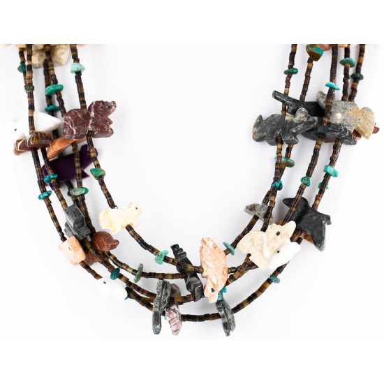 Carved Fetish $500 Large Certified Authentic 5 Strand Navajo .925 Sterling Silver Natural Turquoise Multicolor Stones Native American Necklace 15992-2