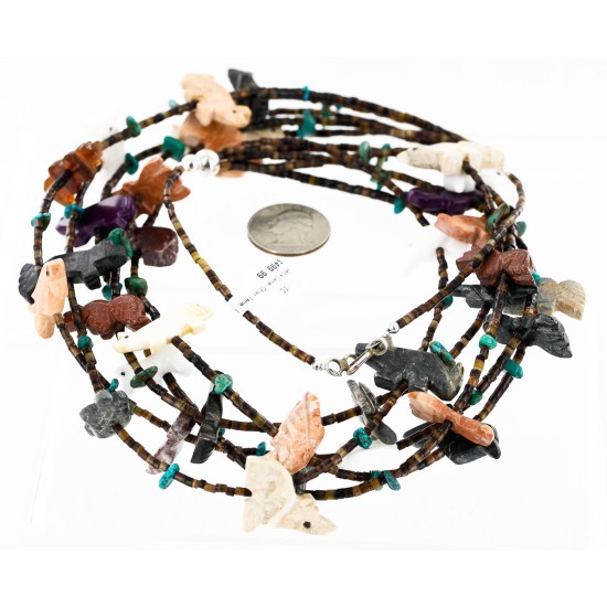 Carved Fetish $500 Large Certified Authentic 5 Strand Navajo .925 Sterling Silver Natural Turquoise Multicolor Stones Native American Necklace 15992-2
