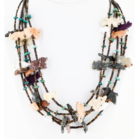 Carved Fetish $500 Large Certified Authentic 5 Strand Navajo .925 Sterling Silver Natural Turquoise Multicolor Stones Native American Necklace 15992-2