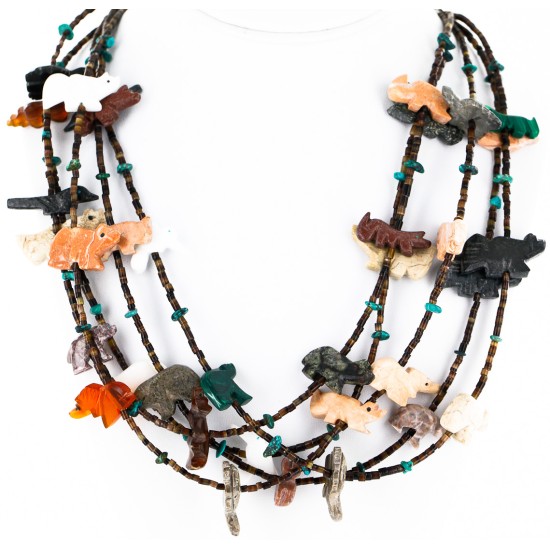 Carved Fetish $500 Large Certified Authentic 5 Strand Navajo .925 Sterling Silver Turquoise Multicolor Stones	 Native American Necklace 15992-3