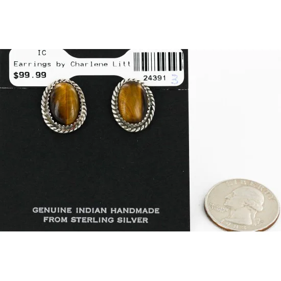 Handmade Navajo .925 Sterling Silver Natural Tigers Eye Stud Native American Earrings 24391-3 Handmade Navajo .925 Sterling Silver Natural Tigers Eye Stud Native American Earrings 24391-3