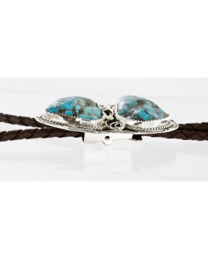 Handmade Certified Authentic Navajo .925 Sterling Silver Natural Turquoise Native American Bolo Tie  24392-1