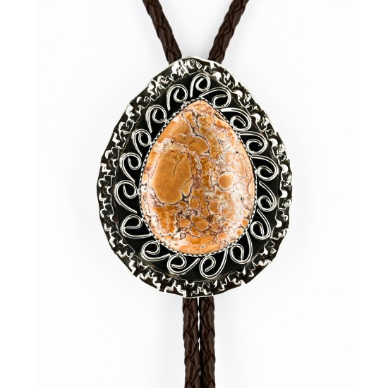 Handmade Certified Authentic Navajo Nickel Natural Jasper Native American Bolo Tie  24393-1