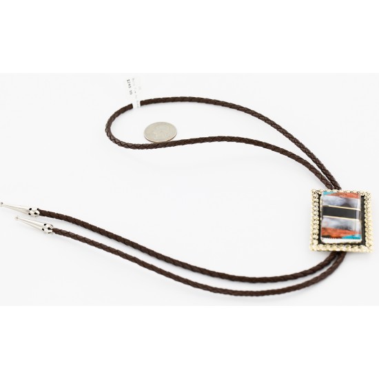 Handmade Certified Authentic Navajo Nickel Natural Turquoise Black Onyx Abalone Jasper Inlaid Native American Bolo Tie  24393-2