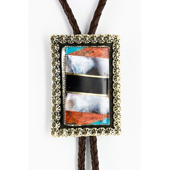 Handmade Certified Authentic Navajo Nickel Natural Turquoise Black Onyx Abalone Jasper Inlaid Native American Bolo Tie  24393-2