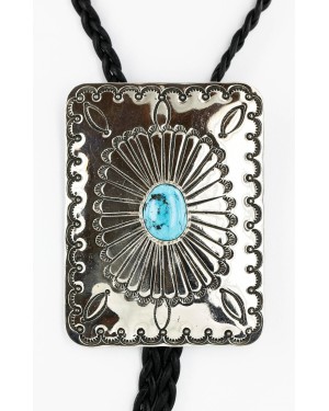Handmade Certified Authentic Navajo Nickel Natural Turquoise Native American Bolo Tie  24389-1