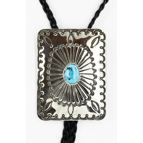 Handmade Certified Authentic Navajo Nickel Natural Turquoise Native American Bolo Tie  24389-1