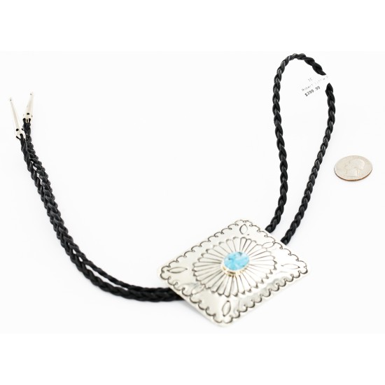 Handmade Certified Authentic Navajo Nickel Natural Turquoise Native American Bolo Tie  24389-1