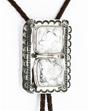Large Handmade Certified Authentic Navajo Nickel Natural White Buffalo Native American Bolo Tie  24393-5