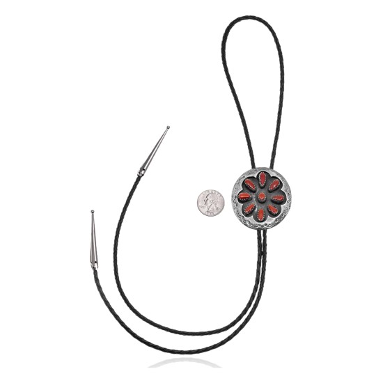 Handmade Certified Authentic Navajo .925 Sterling Silver Native American Coral Bolo Tie 34183