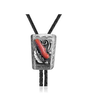 Feather .925 Sterling Silver Certified Authentic Handmade Navajo Native American Coral Bolo Tie 34185