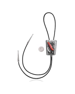 Feather .925 Sterling Silver Certified Authentic Handmade Navajo Native American Coral Bolo Tie 34185