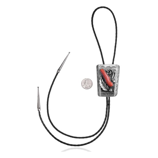 Feather .925 Sterling Silver Certified Authentic Handmade Navajo Native American Coral Bolo Tie 34185