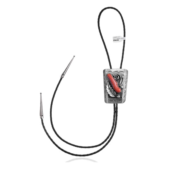 Feather .925 Sterling Silver Certified Authentic Handmade Navajo Native American Coral Bolo Tie 34185