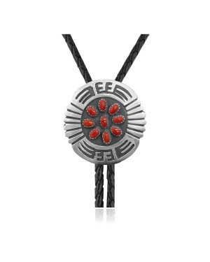Handmade Certified Authentic Navajo .925 Sterling Silver Native American Coral Bolo Tie 34186